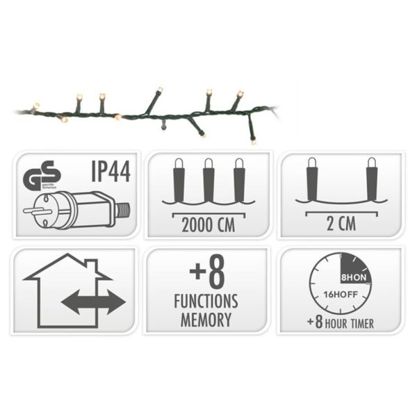 Microcluster - 1000 led - 20m - warm wit - Timer - Lichtfuncties - Geheugen - Buiten