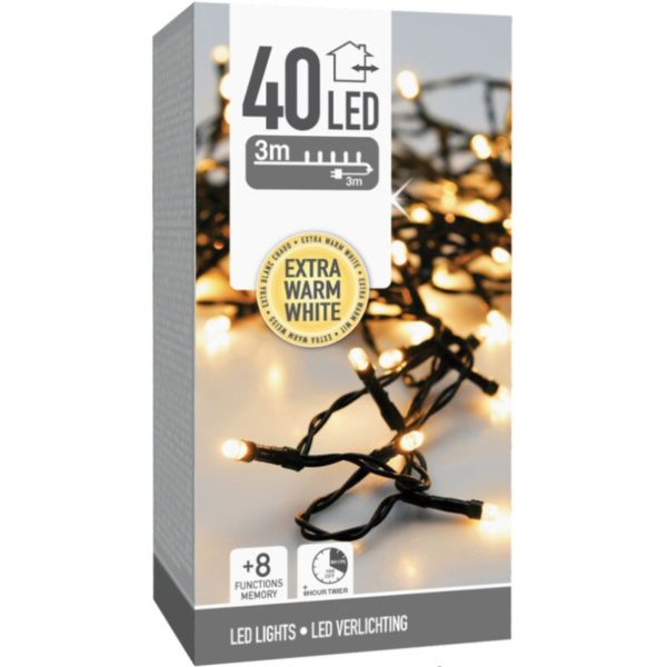 Kerstverlichting 40 led- 3m - extra warm wit - Timer - Lichtfuncties - Geheugen - Buiten