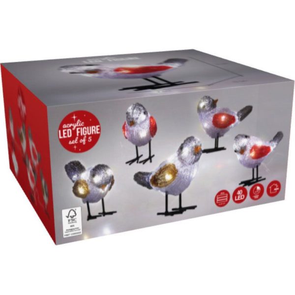 Kerstfiguur Acryl - Vogels - LED - set van 5