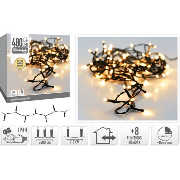 Kerstverlichting 480 led- 36m - extra warm wit - Timer - Lichtfuncties - Geheugen - Buiten