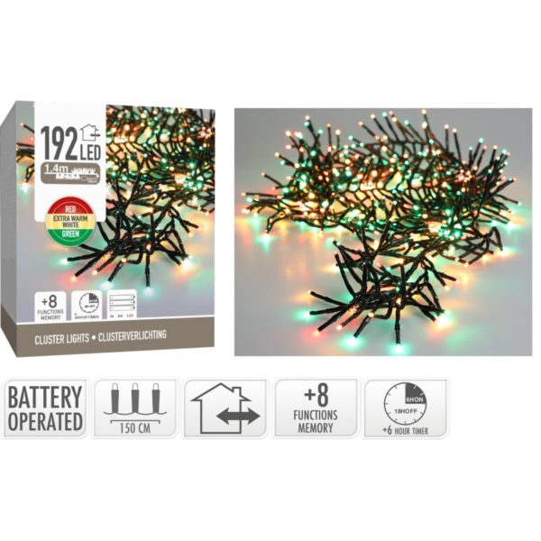 Clusterverlichting 192 led -  1.4m - three tone traditional - Batterij - Lichtfuncties - Geheugen - Timer - Afbeelding 2