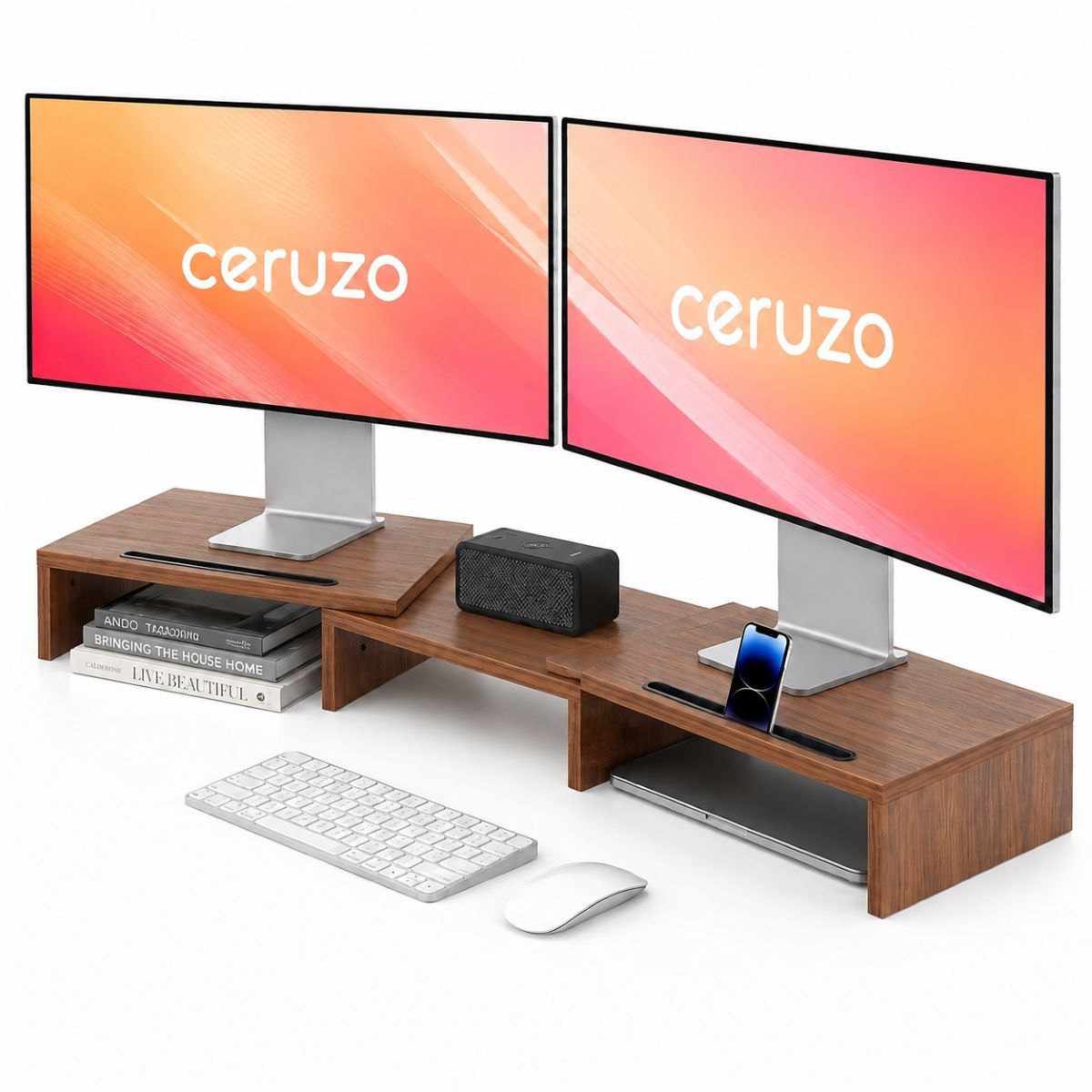 Ceruzo Monitor Standaard - Bruin - Verstelbaar - Verhoger voor 2 Schermen - Afbeelding 2