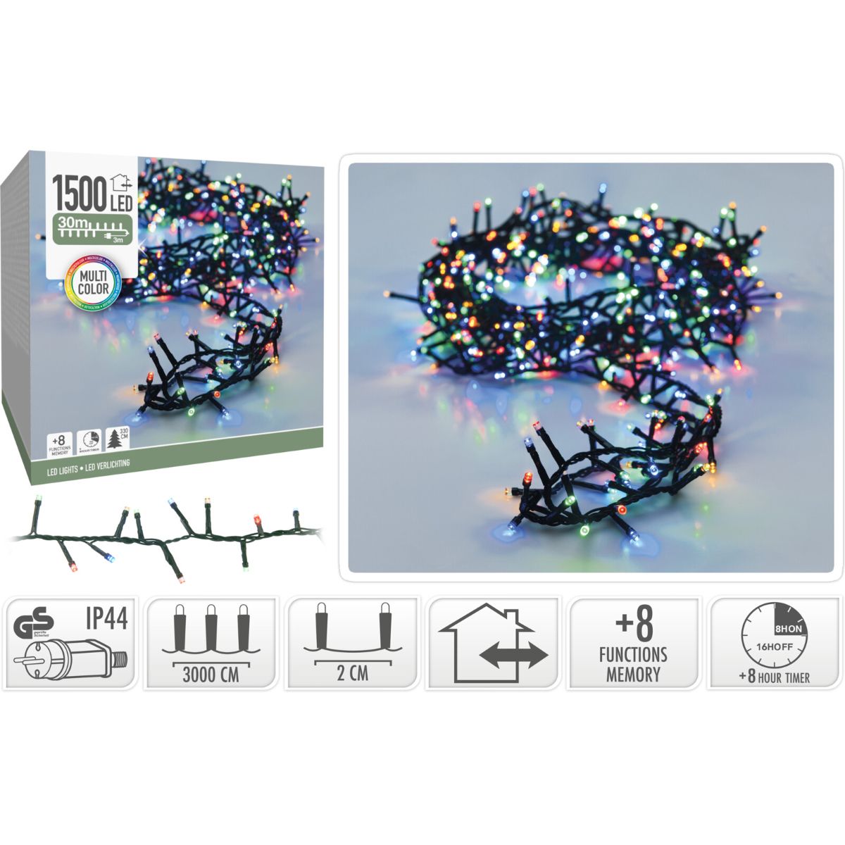Microcluster - 1500 led - 30m - multicolor - Timer - Lichtfuncties - Geheugen - Buiten - Afbeelding 2