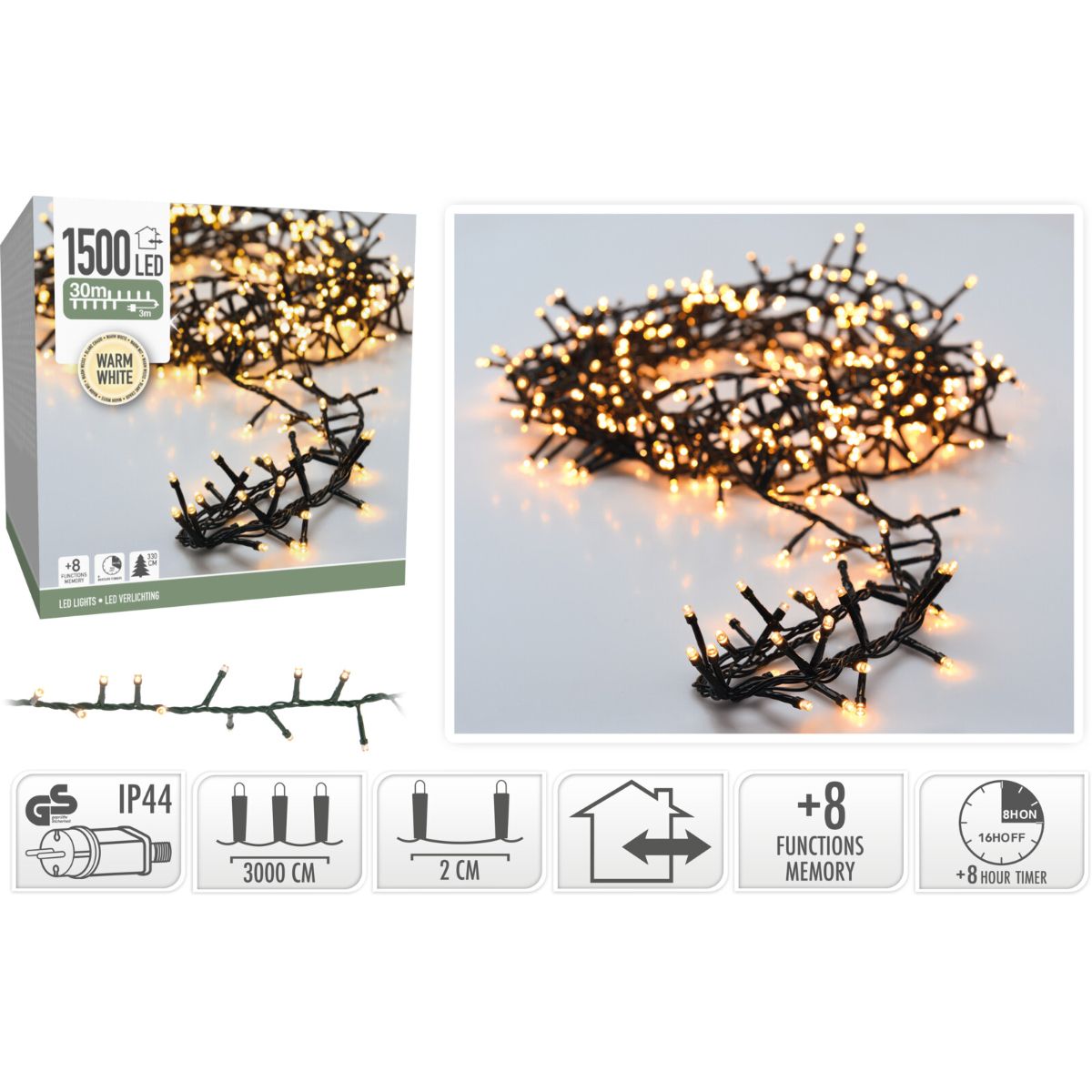 Microcluster - 1500 led - 30m - warm wit - Timer - Lichtfuncties - Geheugen - Buiten - Afbeelding 2