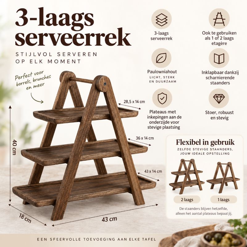 Ceruzo Serveerrek Hout - 3 Laags - 40 cm - Afbeelding 4